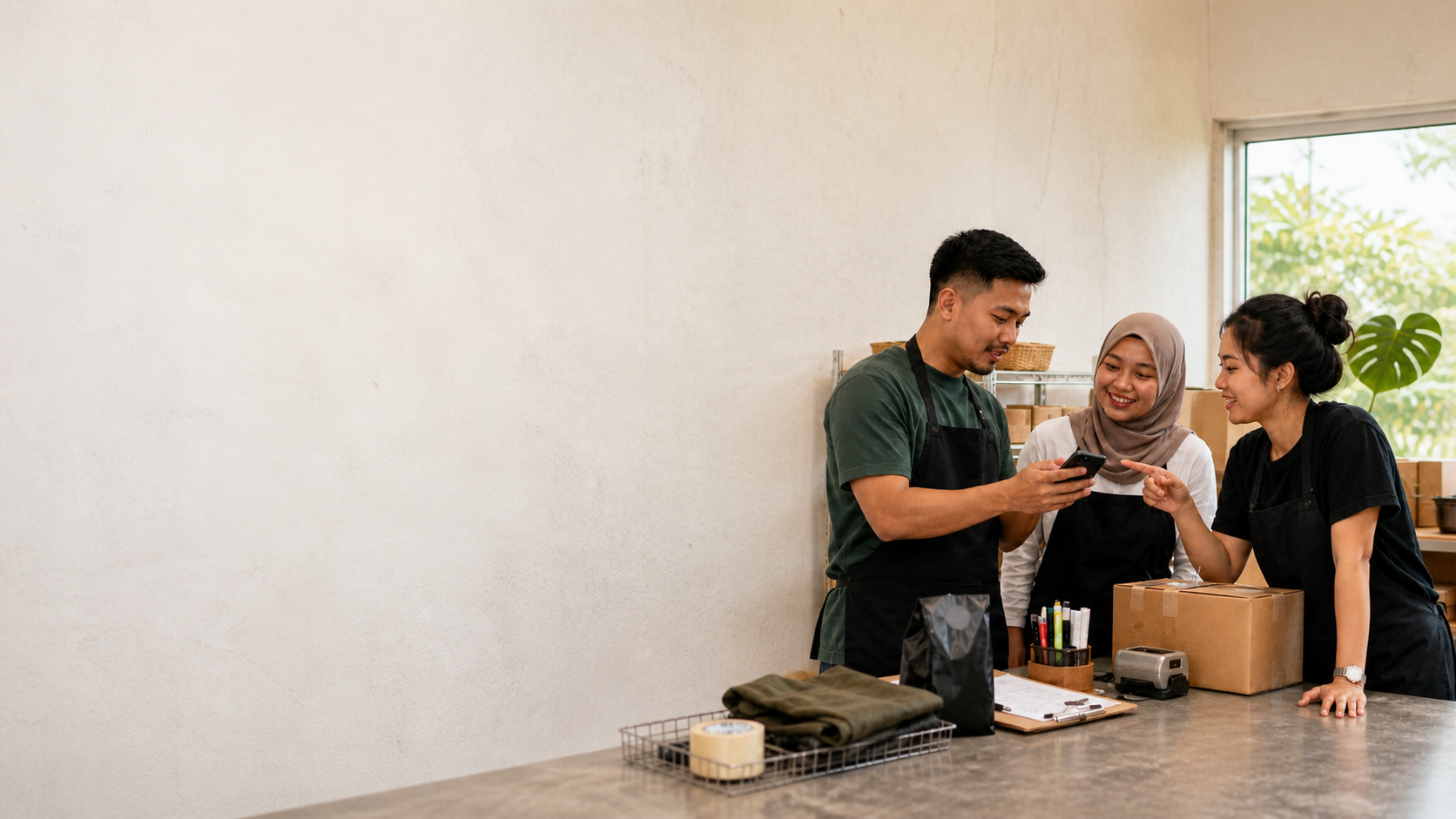 Malaysian small-business team reviewing work together on a phone